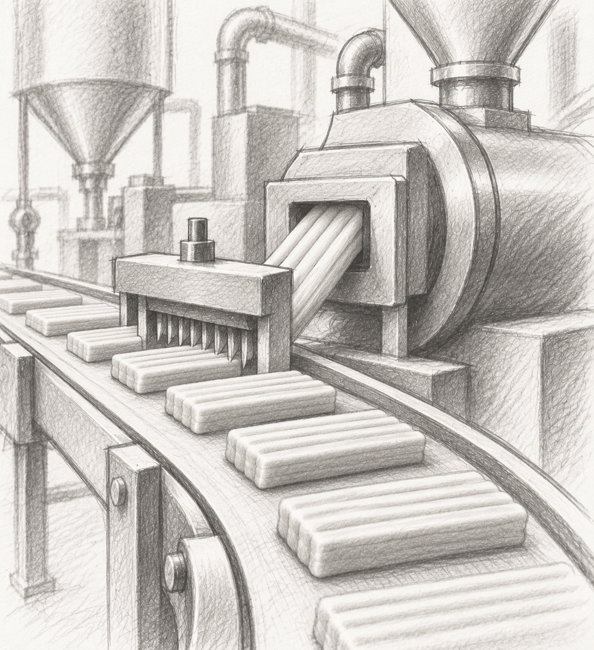 Pencil sketch of an industrial food conveyor line