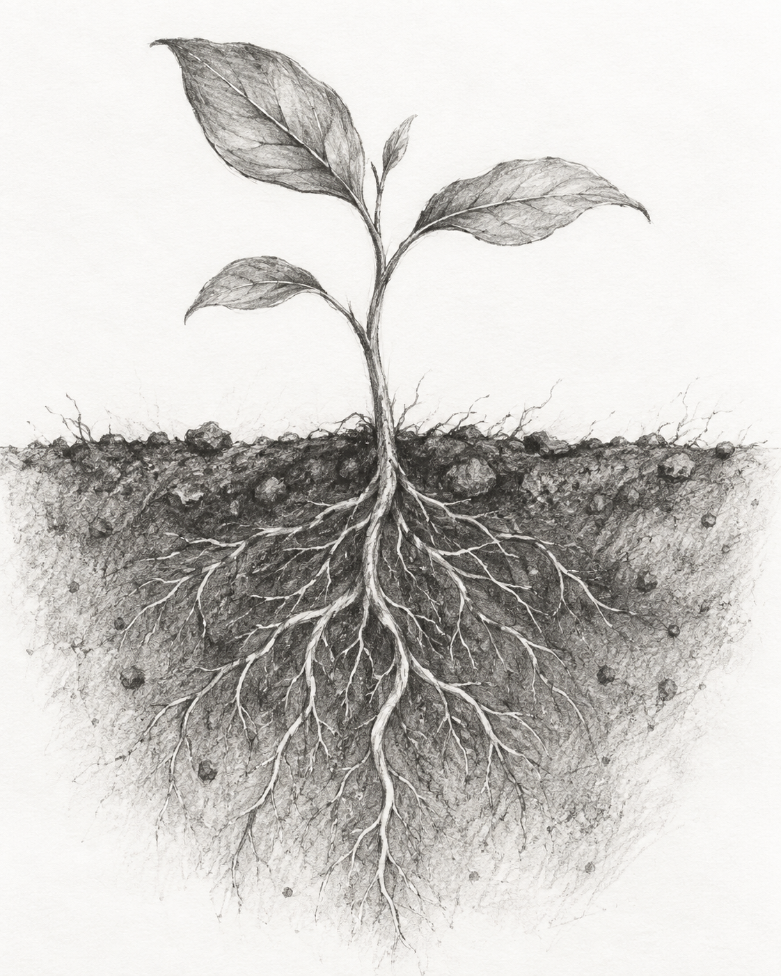 Pencil sketch of a seedling with roots reaching into soil